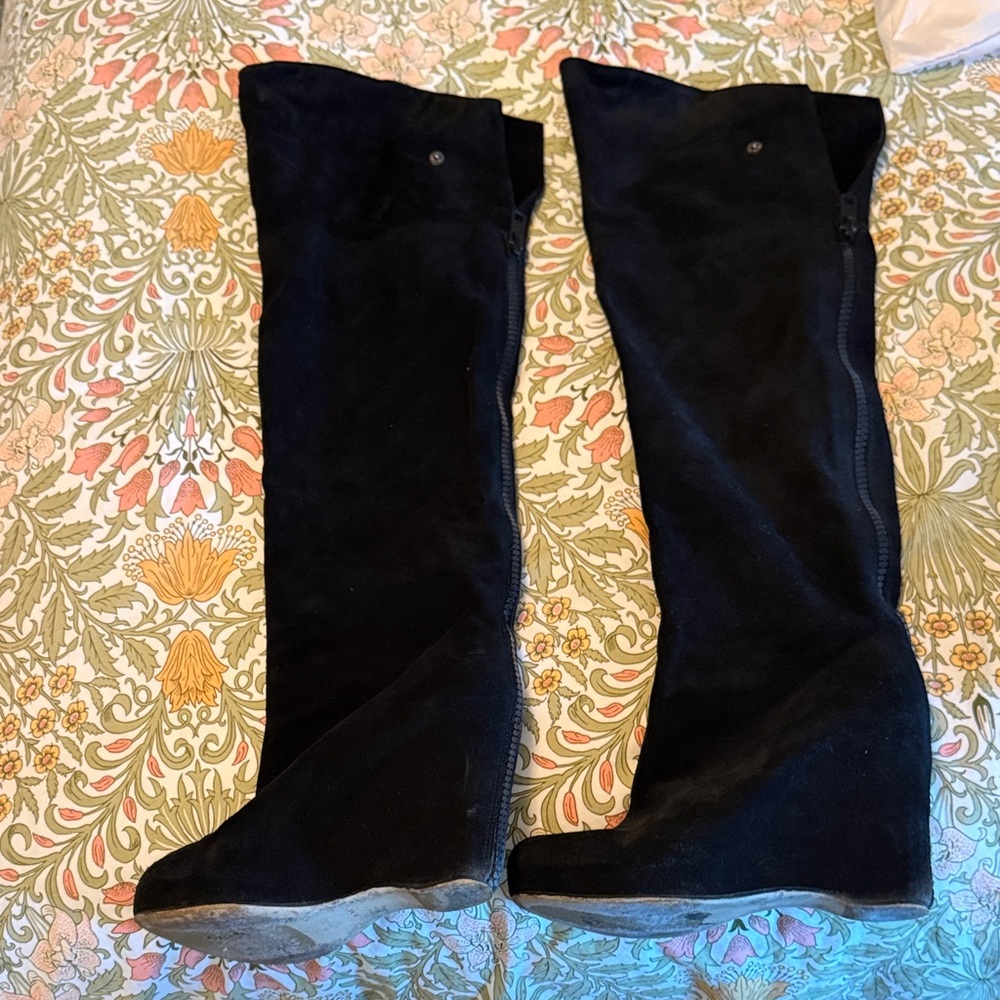 Black Over-the-Knee Suede Wedge Boots